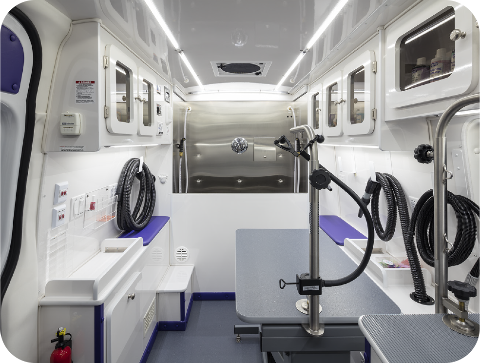 Tub and grooming area inside the mobile salon
