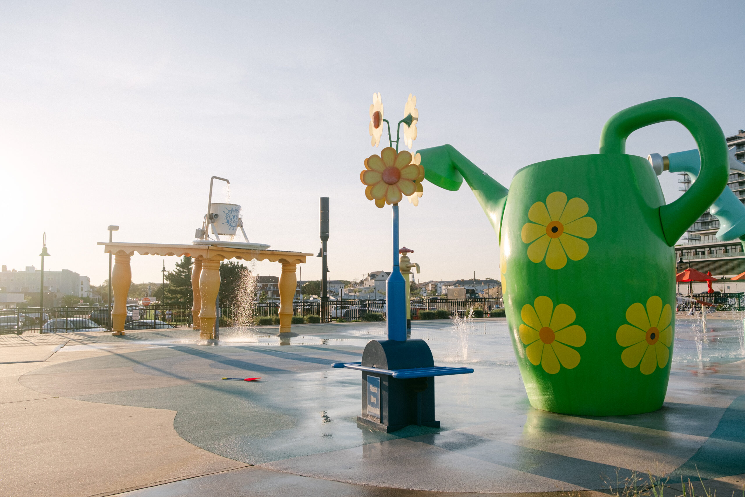 Wide view of Asbury Splash Park on the boardwalk.