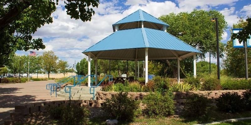 Riverside view of Berg Park in Farmington near the splash pad area.