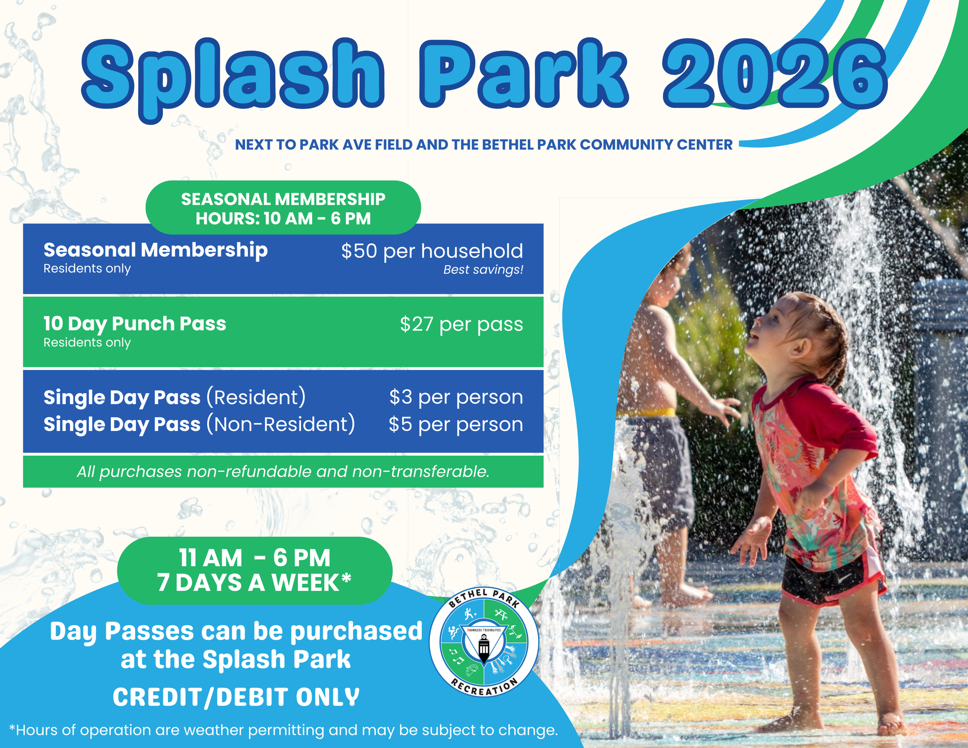 Official Bethel Park Splash Park photo showing the facility entrance and splash zone.