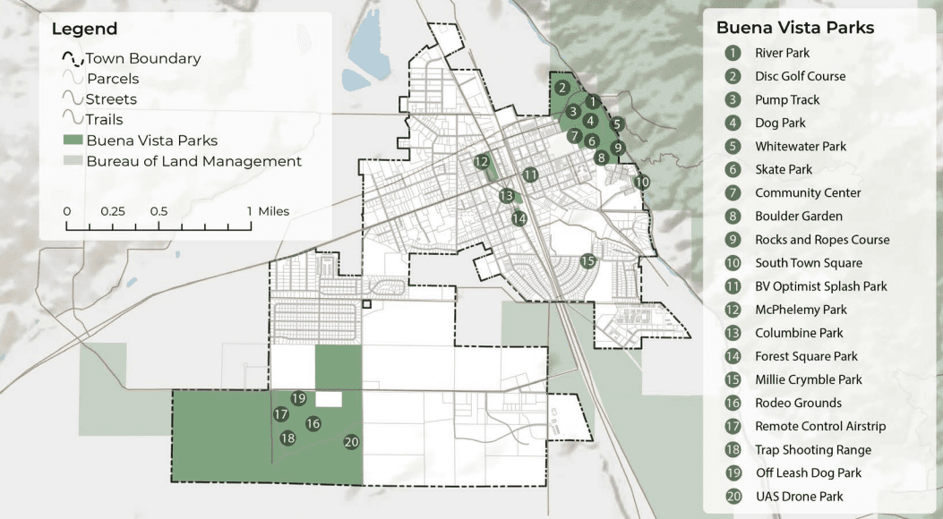 Map of Buena Vista parks and facilities including BV Optimist Square Splash Park.