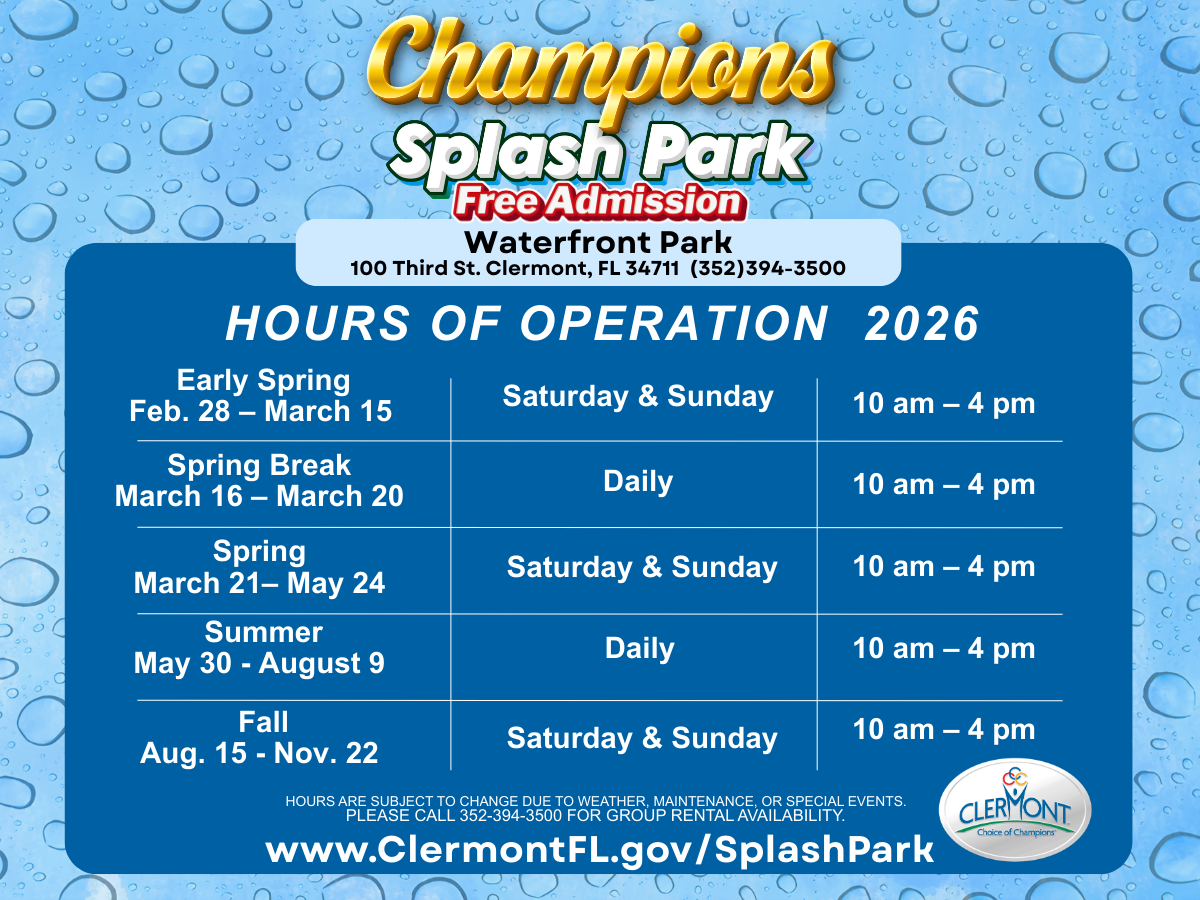2026 hours image for Champions Splash Park.