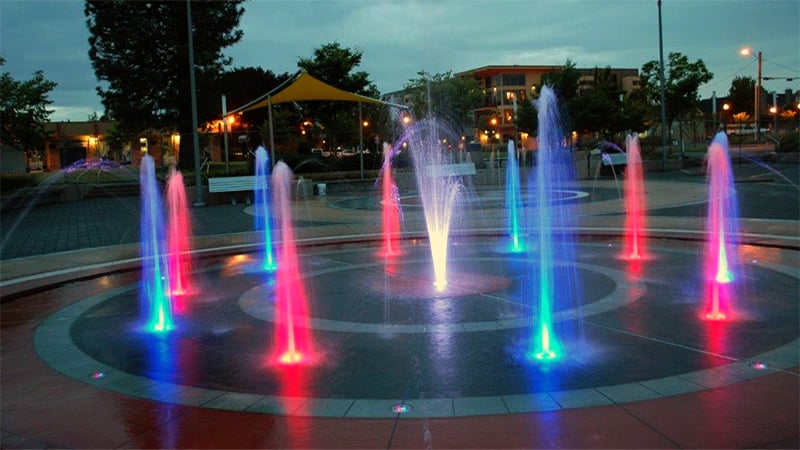 Children's Fountain illuminated in the evening.