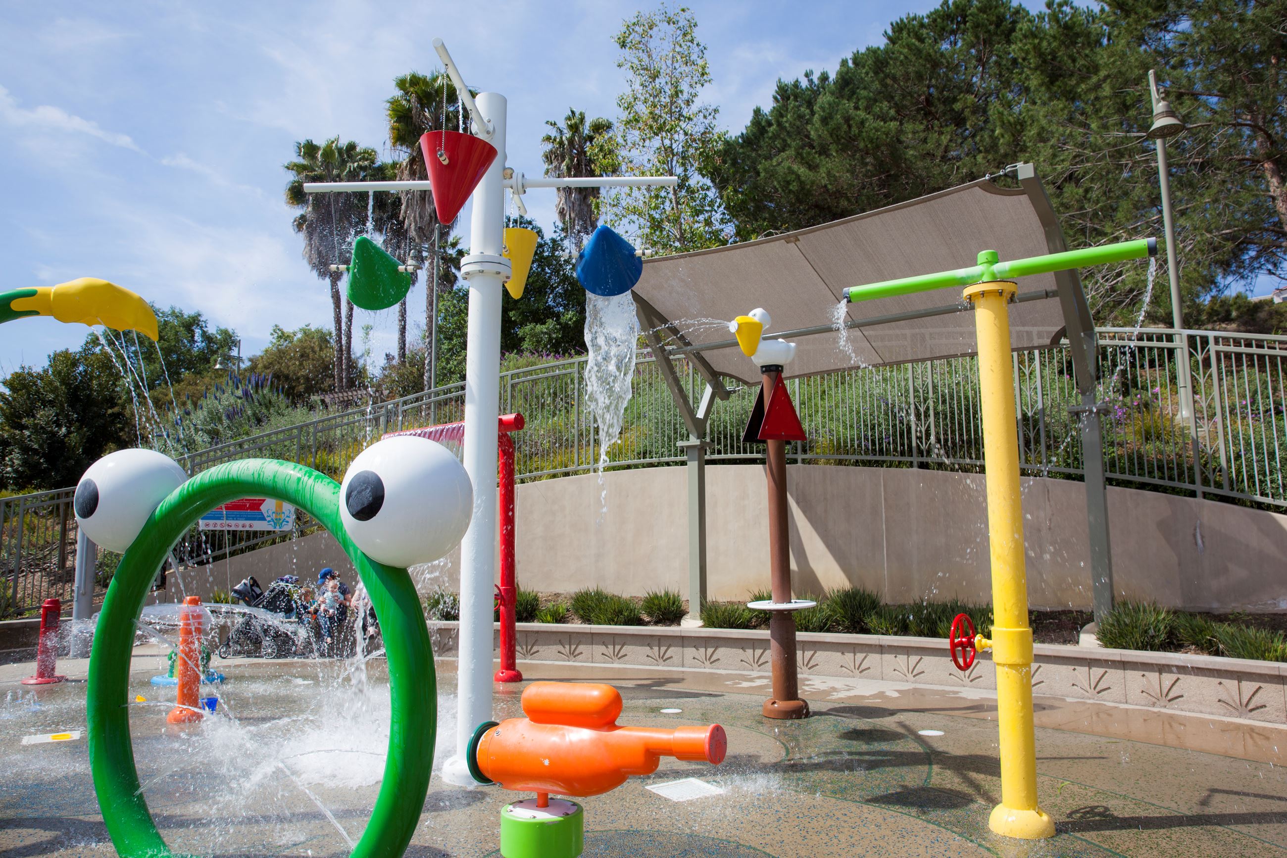 Water spraying at the Crown Valley Park Sprayground in Laguna Niguel.