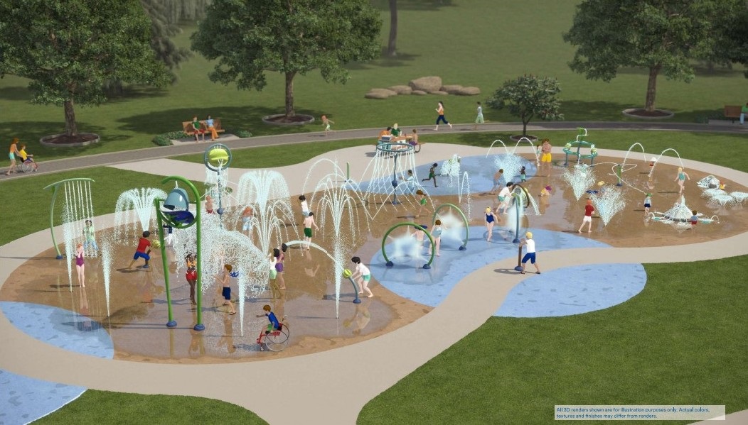 Rendering of the planned Daley Park Splash Pad in Ames with children playing among interactive water features.