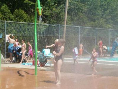 Overview of the Exeter spray pad with multiple water features.