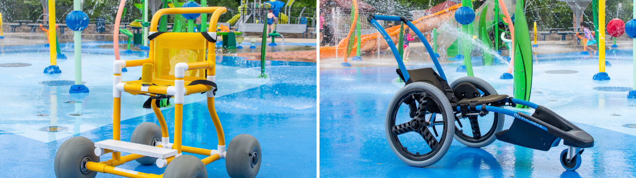 Water-safe wheelchair at Dodge Park Splash Pad.