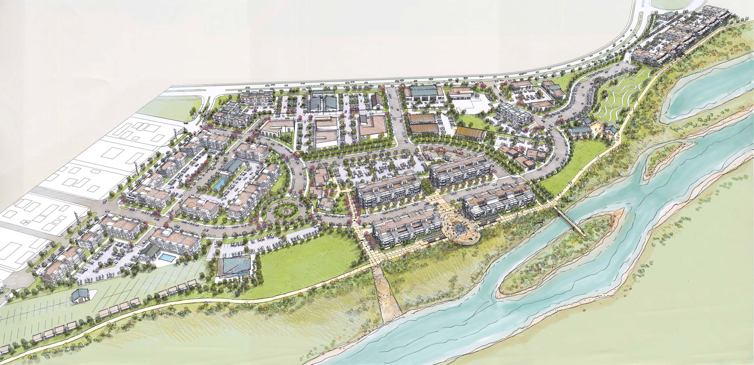 Aerial view of Riverfront at Dos Rios Park in Grand Junction.