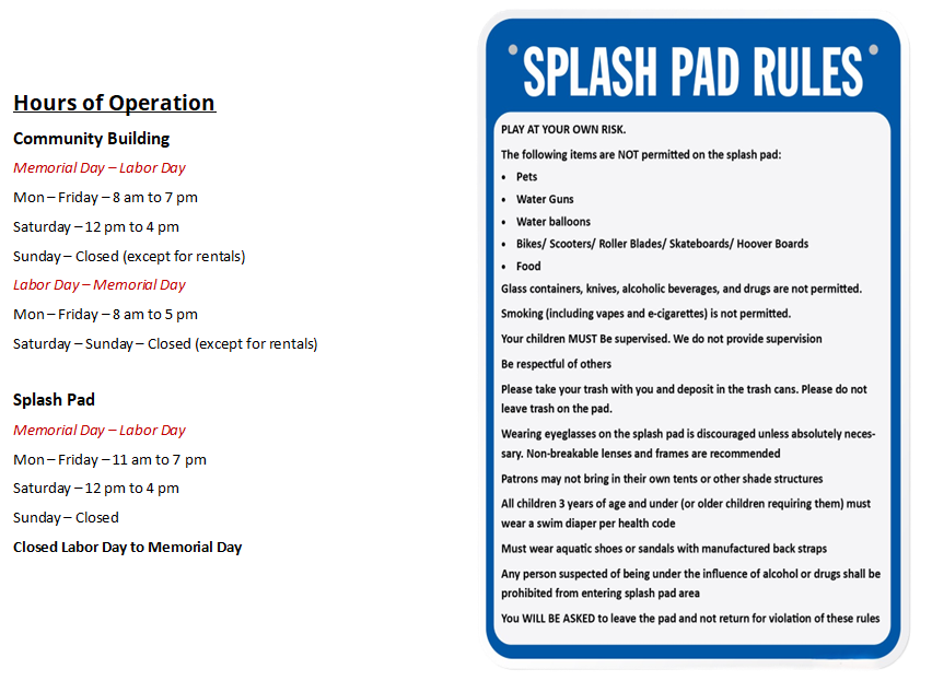 Rules and times graphic posted on the official Dover Park splash pad page.
