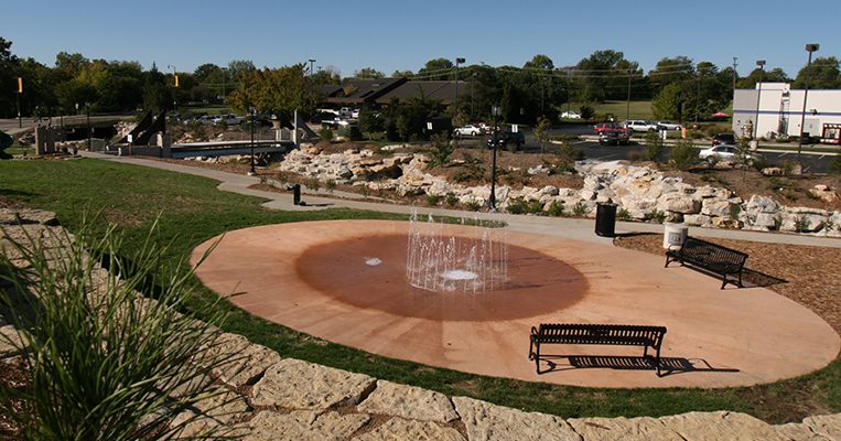 Overhead view of Flat Branch Spraygrounds and nearby benches.