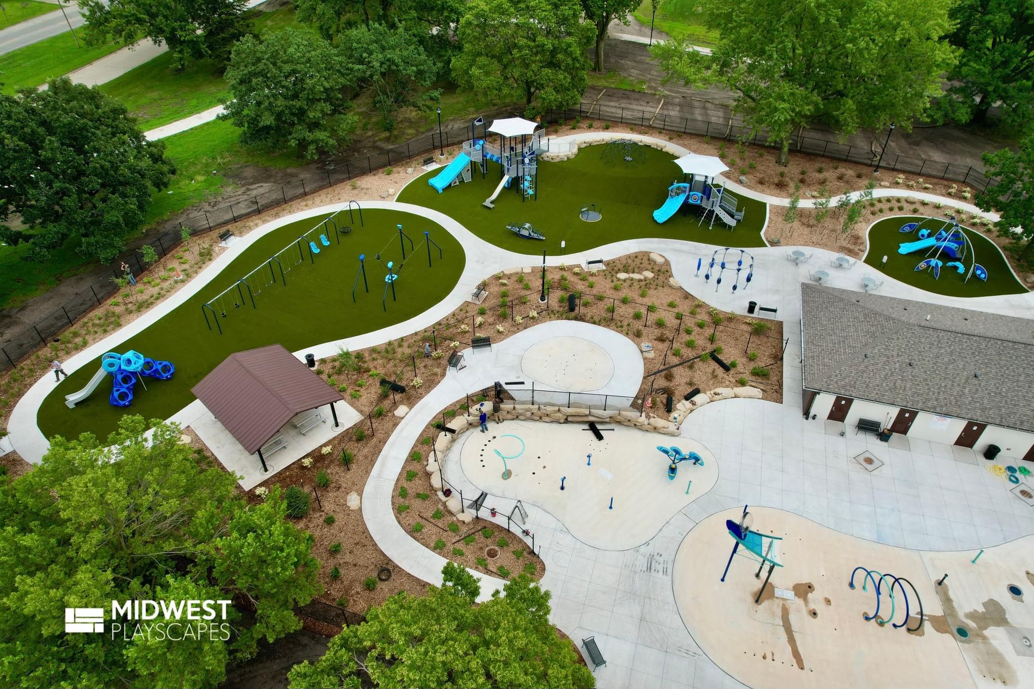 Aerial view of Gates Park splash pad and inclusive playground.