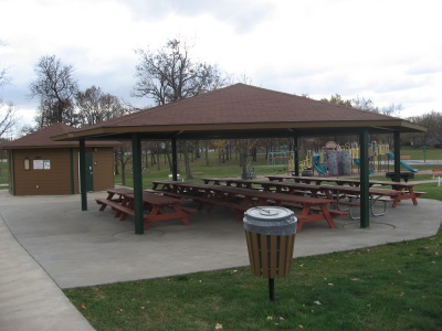 Red Pavilion at Guthridge Park near the splashpad.
