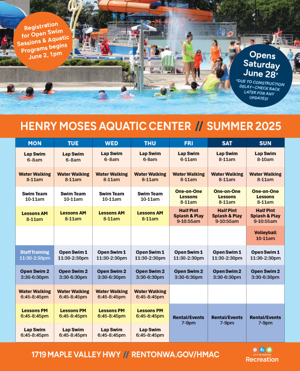Henry Moses Aquatic Center program schedule graphic.