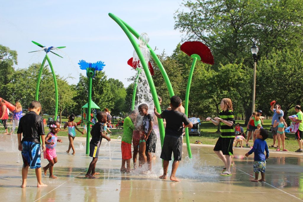Wide view of the splash pad at Hessel Park