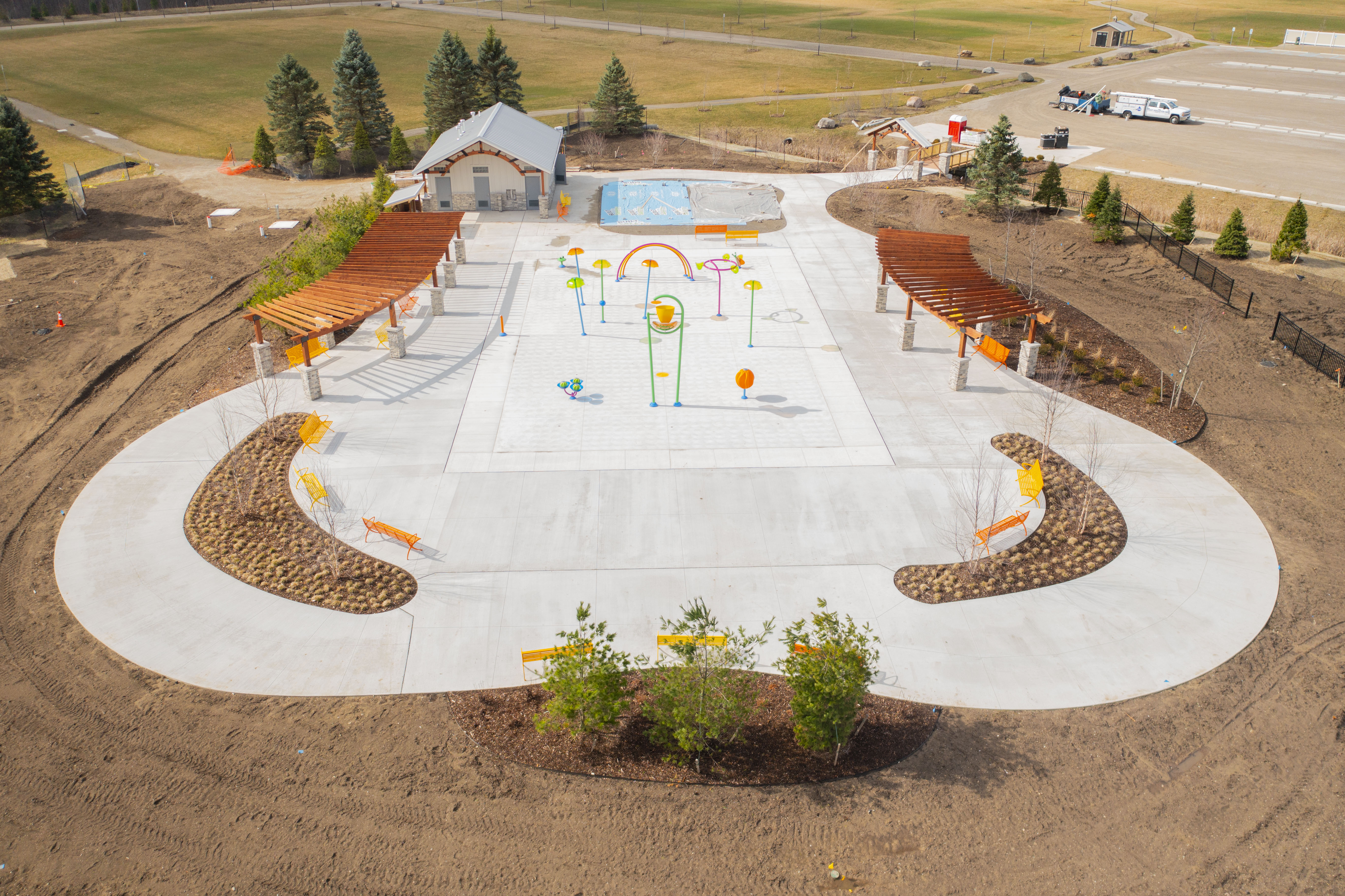 Wide view of Jessica's Splashpad in Novi.