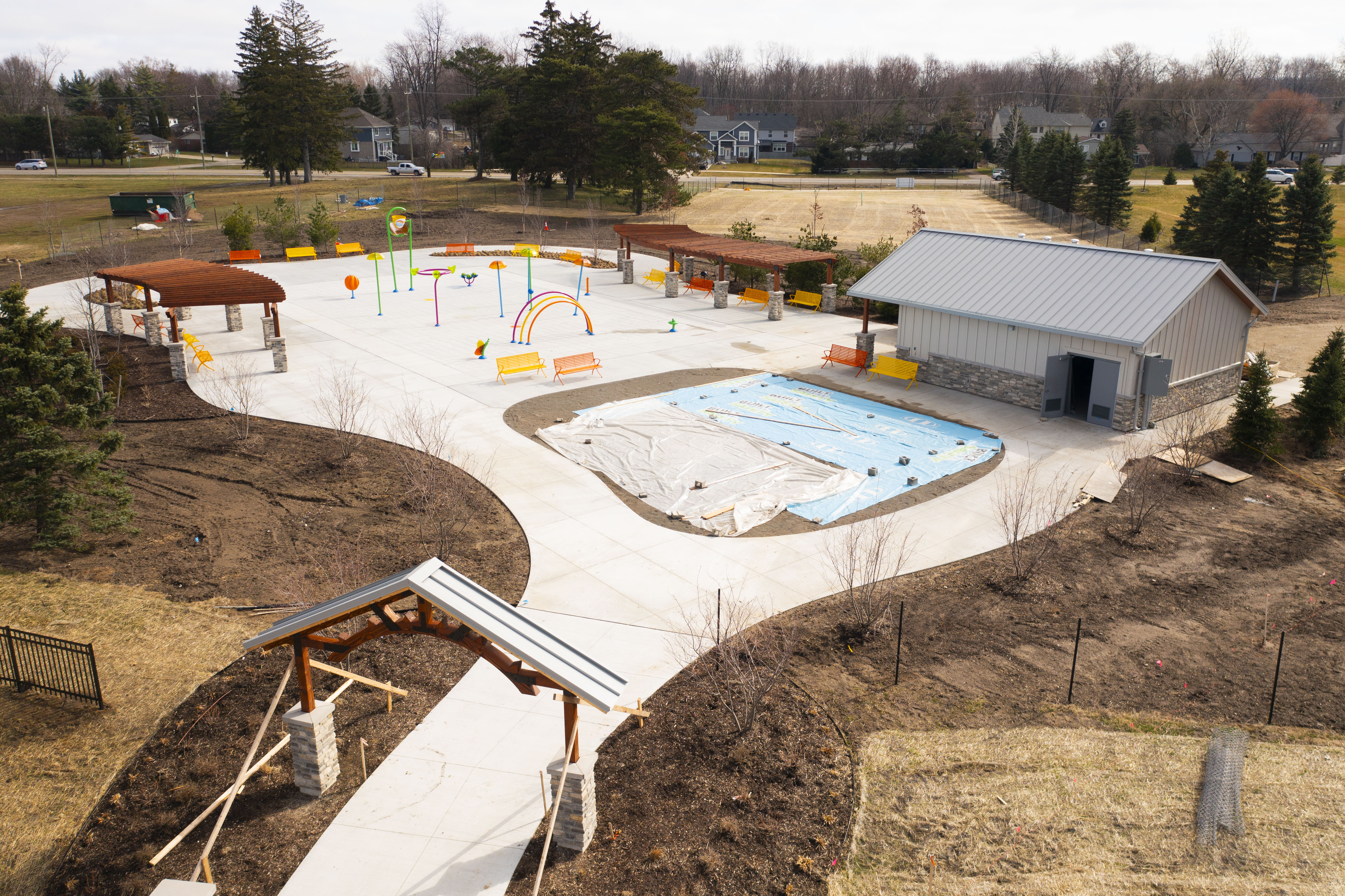 Additional view of splash features at Jessica's Splashpad.