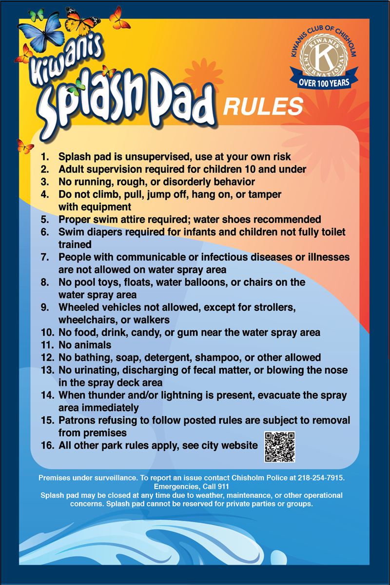 Kiwanis Splash Pad rules sign in Chisholm.