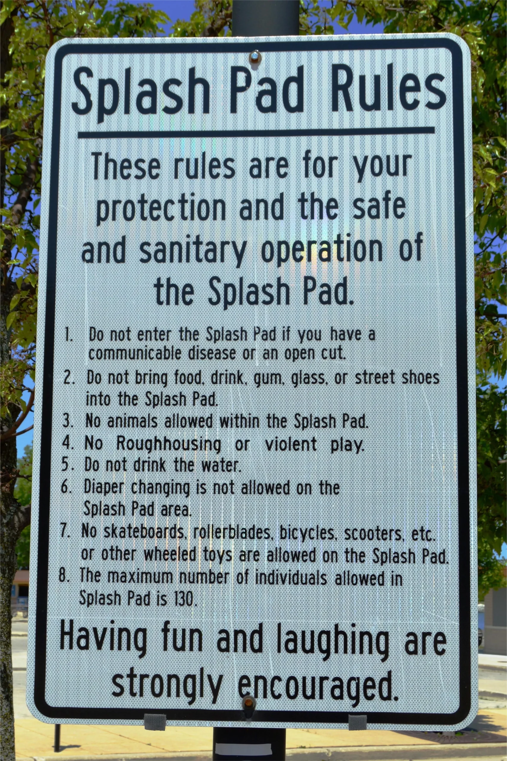 Rules sign posted at the Laurel Clark Fountain splash pad.