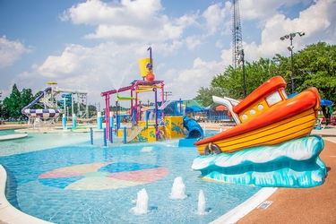 Slides and aquatic features at Liberty Lagoon.