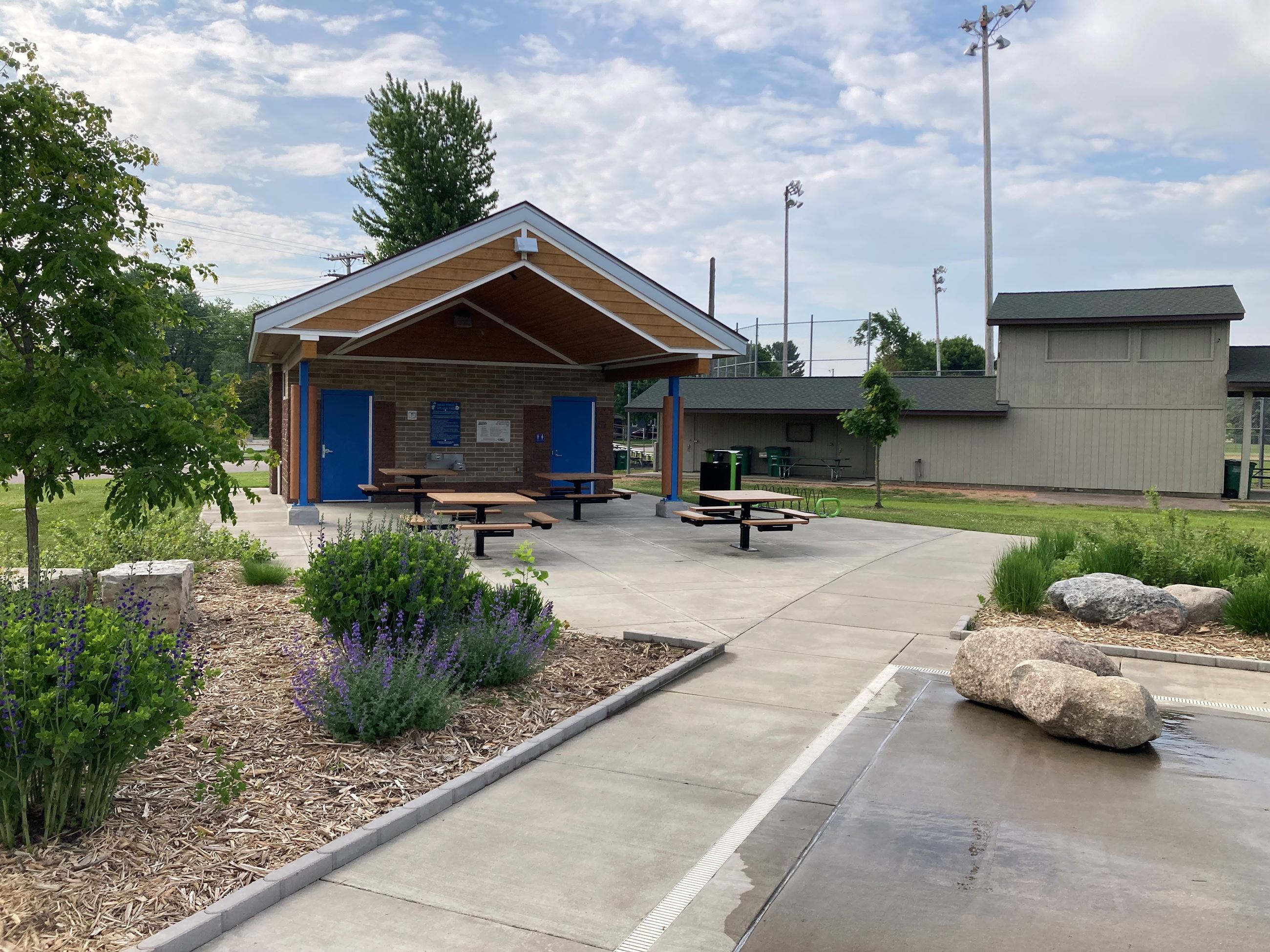 Additional view of Mead Splash Pad features and splash zone.