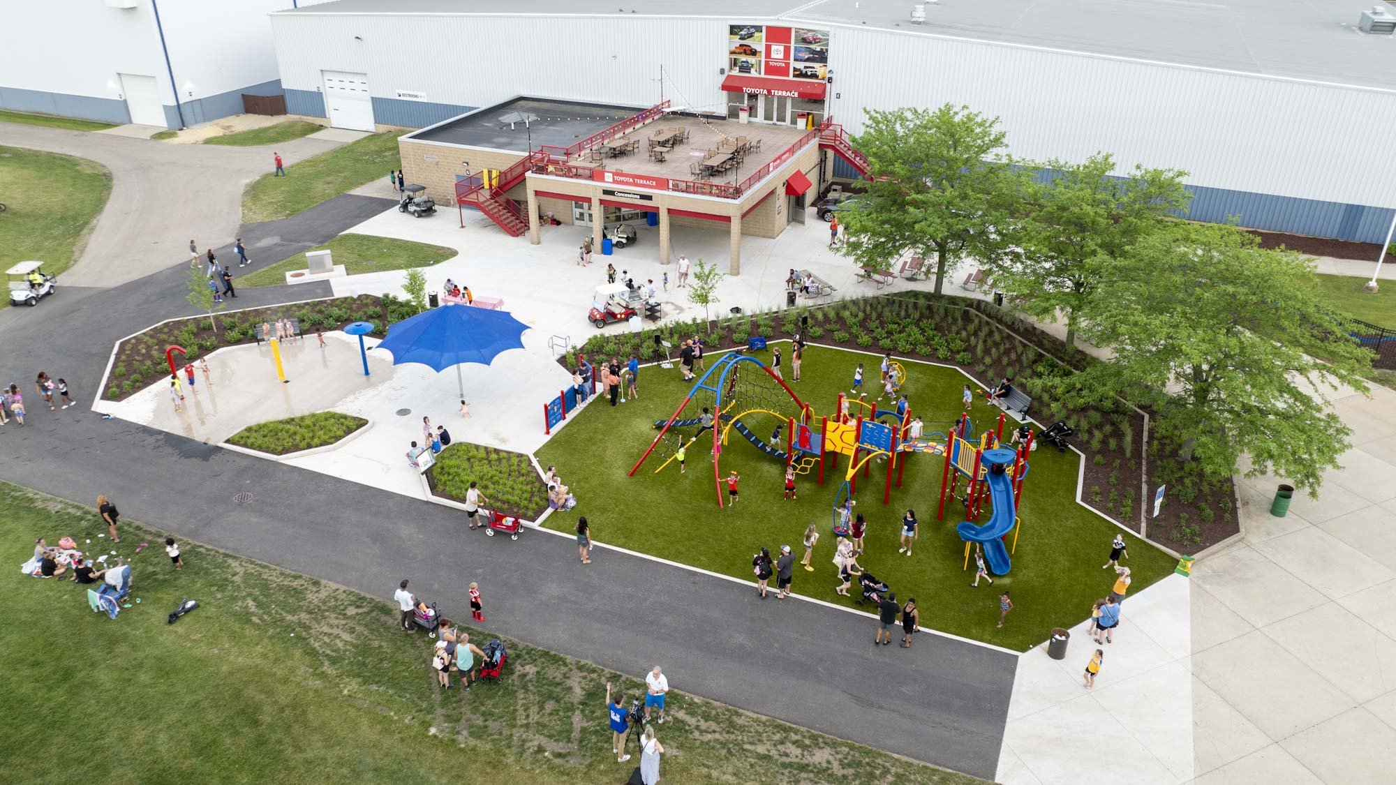 Aerial view of the playground and soak station at Mercyhealth Sportscore Two.