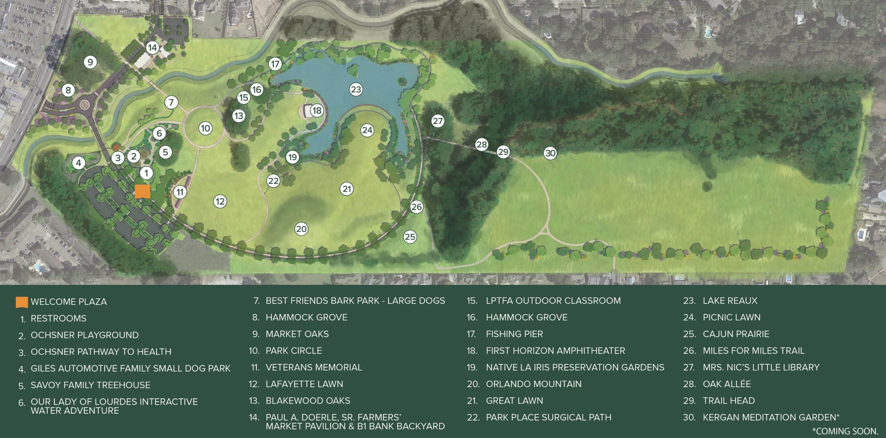 Moncus Park map showing park amenities and layout.