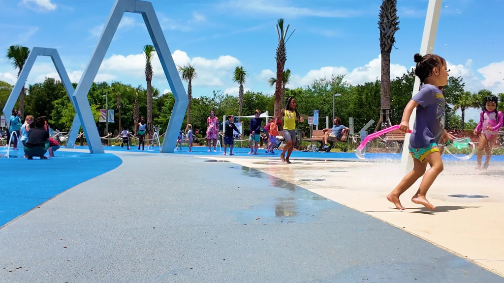 Spray features and open play area at Mount Pleasant Splash Pad.
