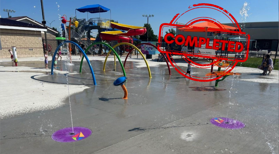 Wide view of the completed Nixa Splash Pad at McCauley Park.