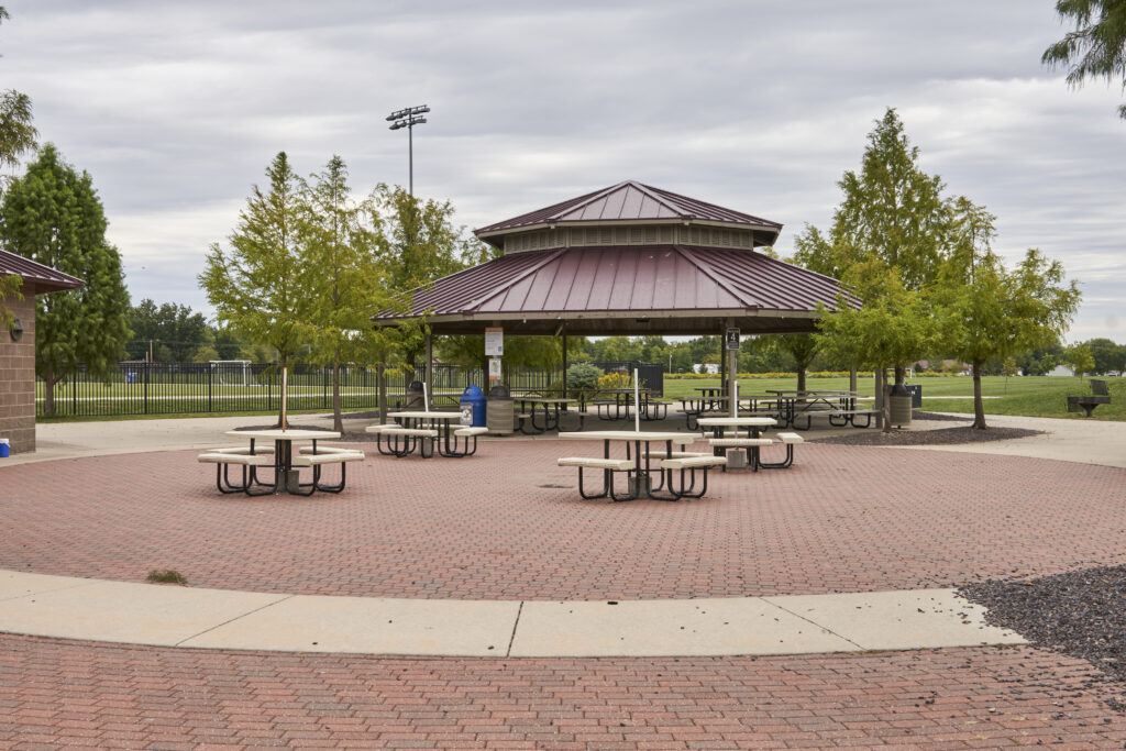 Another view of the O'Fallon splash pad and nearby pavilion area.