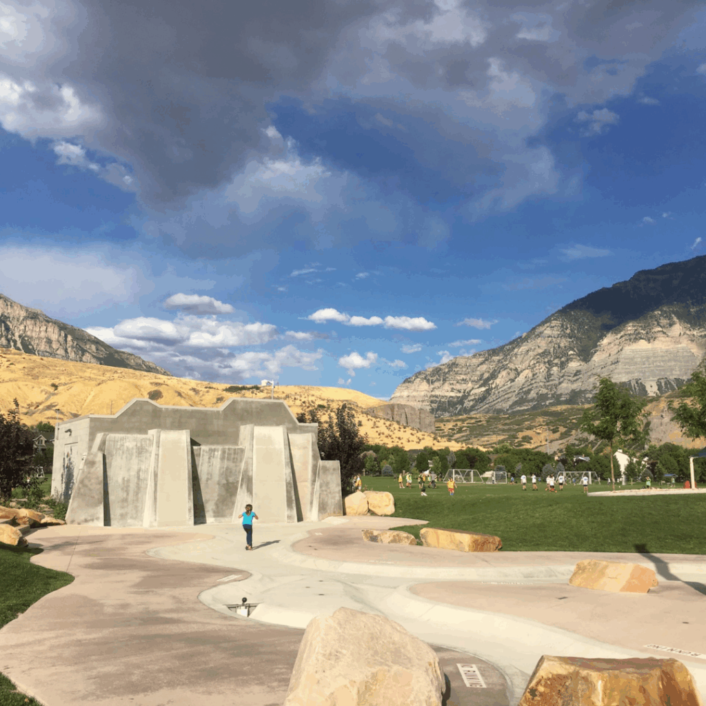 Another view of Palisade Park's splash pad and surrounding park space.