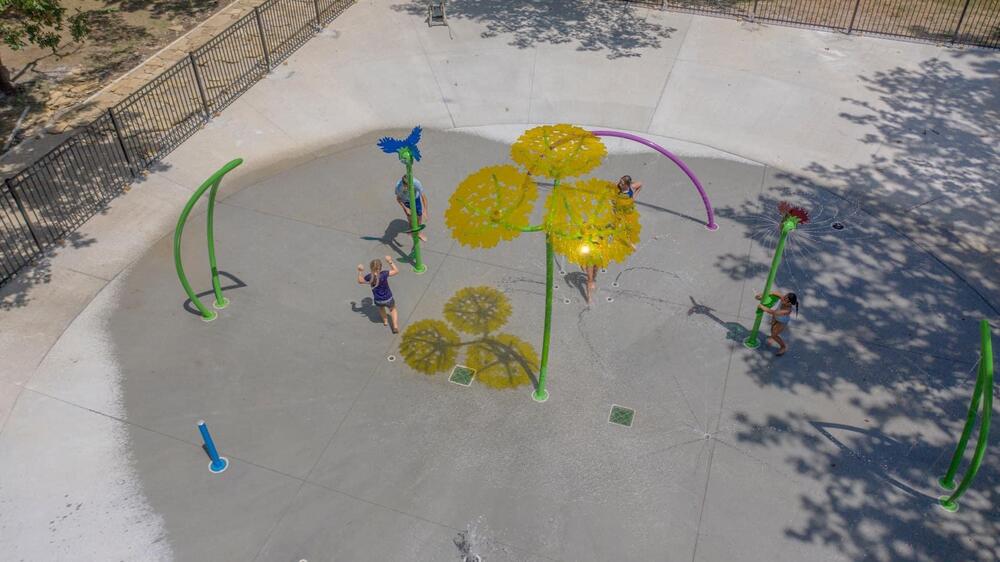 Aerial view of children playing at Parsons Splash Pad.