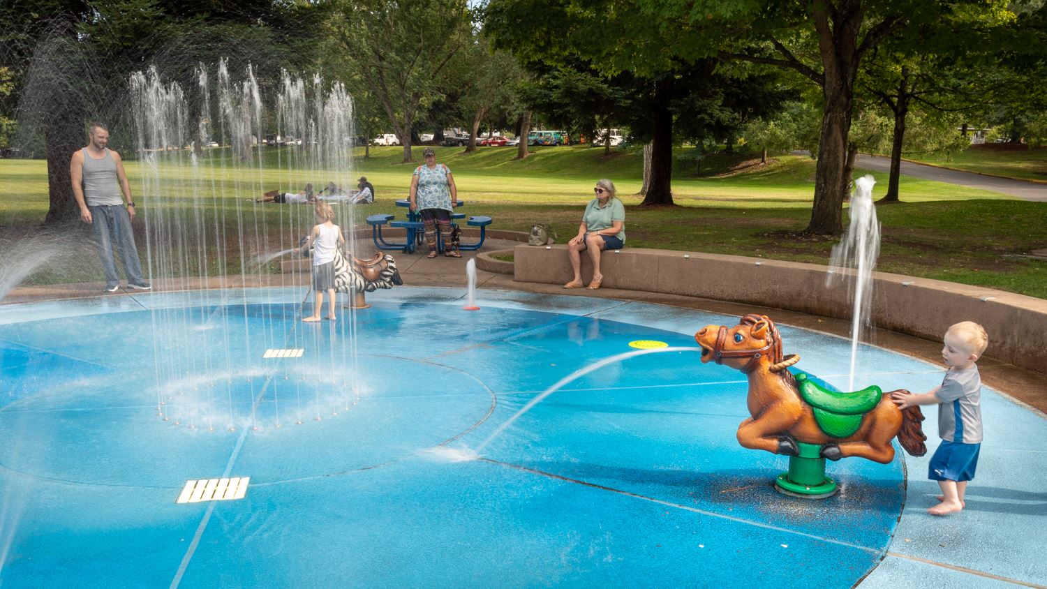 Smaller kids splash pad at Riverside Park Spray Park.