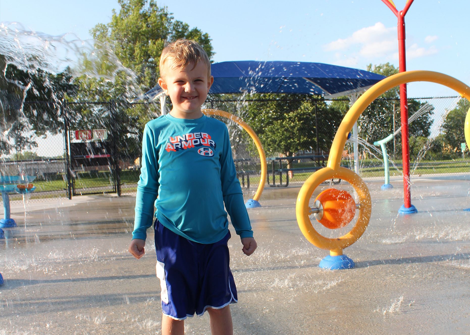 Closer view of water play features at Riverside Riverslide splash pad.