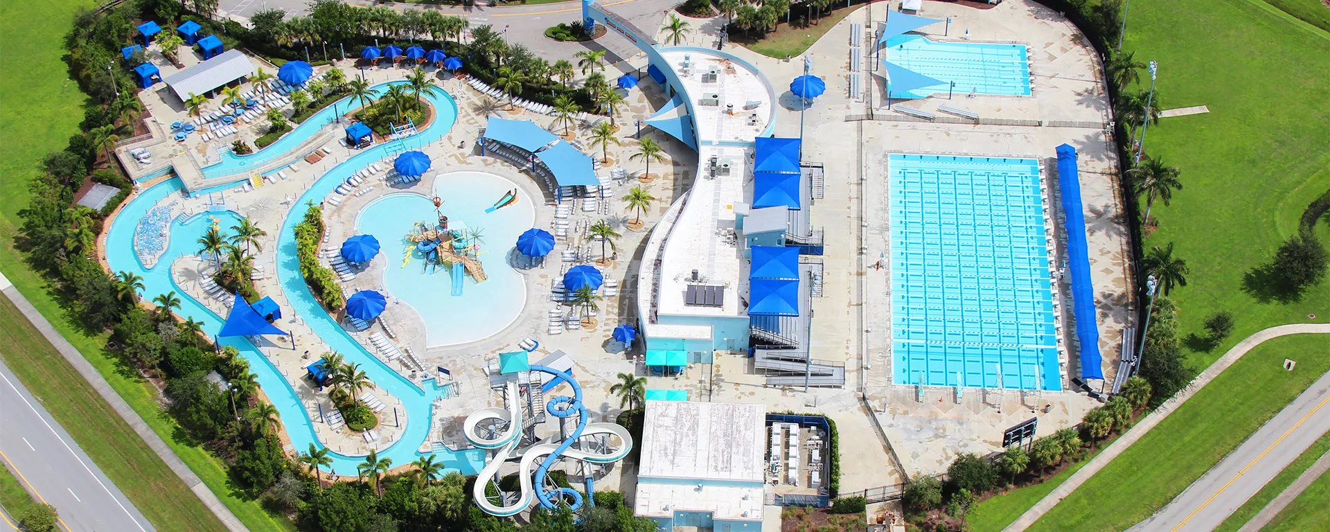 Aerial view of Sailfish Splash Waterpark with pools and slides.