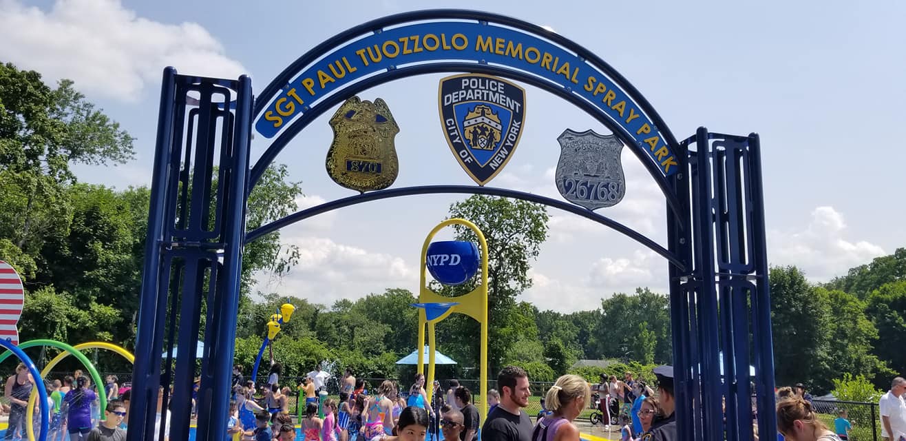 Memorial trellis and entry area at Sgt. Paul Tuozzolo Memorial Spray Park.