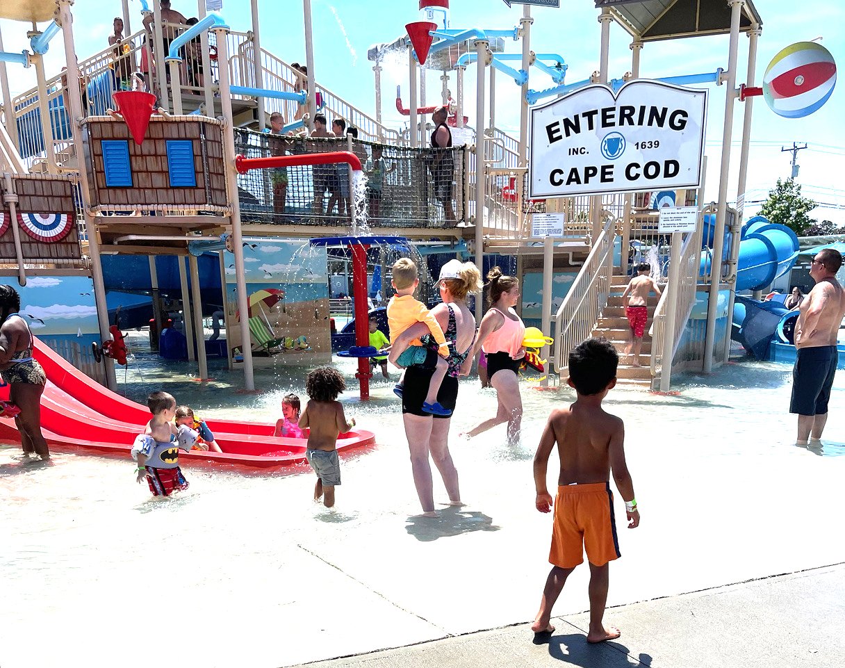 Families enjoying Splash Island at Wicked Waves Cape Cod.