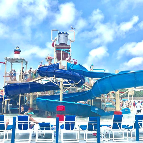 Blue slides and splash-play structure at Splash Island.