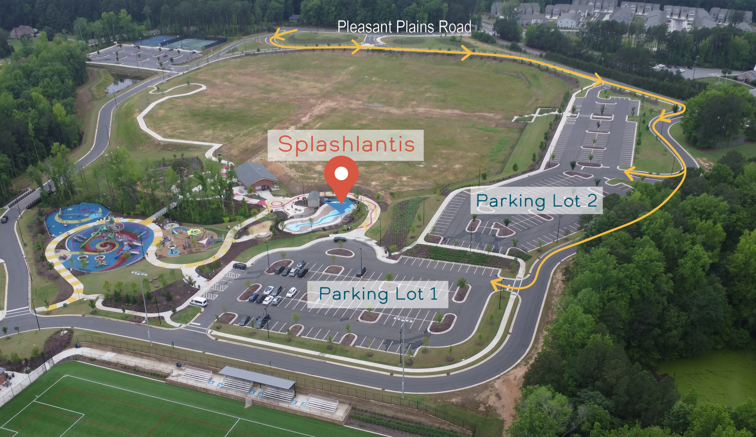 Parking area serving Splashlantis at Pleasant Park.