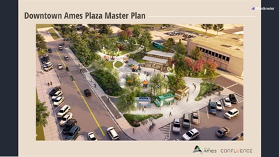 Downtown Ames plaza plan image showing proposed public gathering and water-play layout.