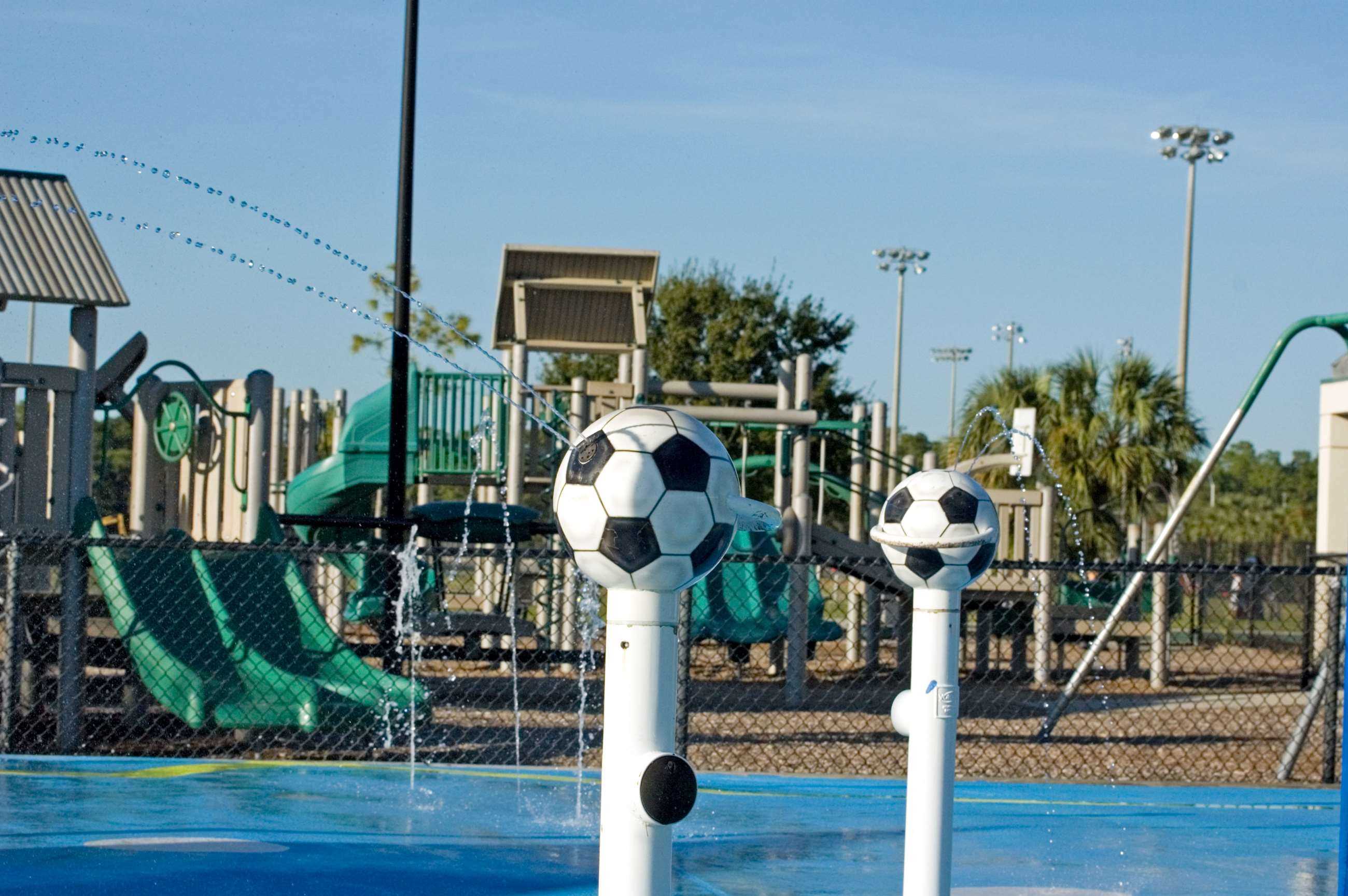 Wide view of Vineyards Community Park splash playground.
