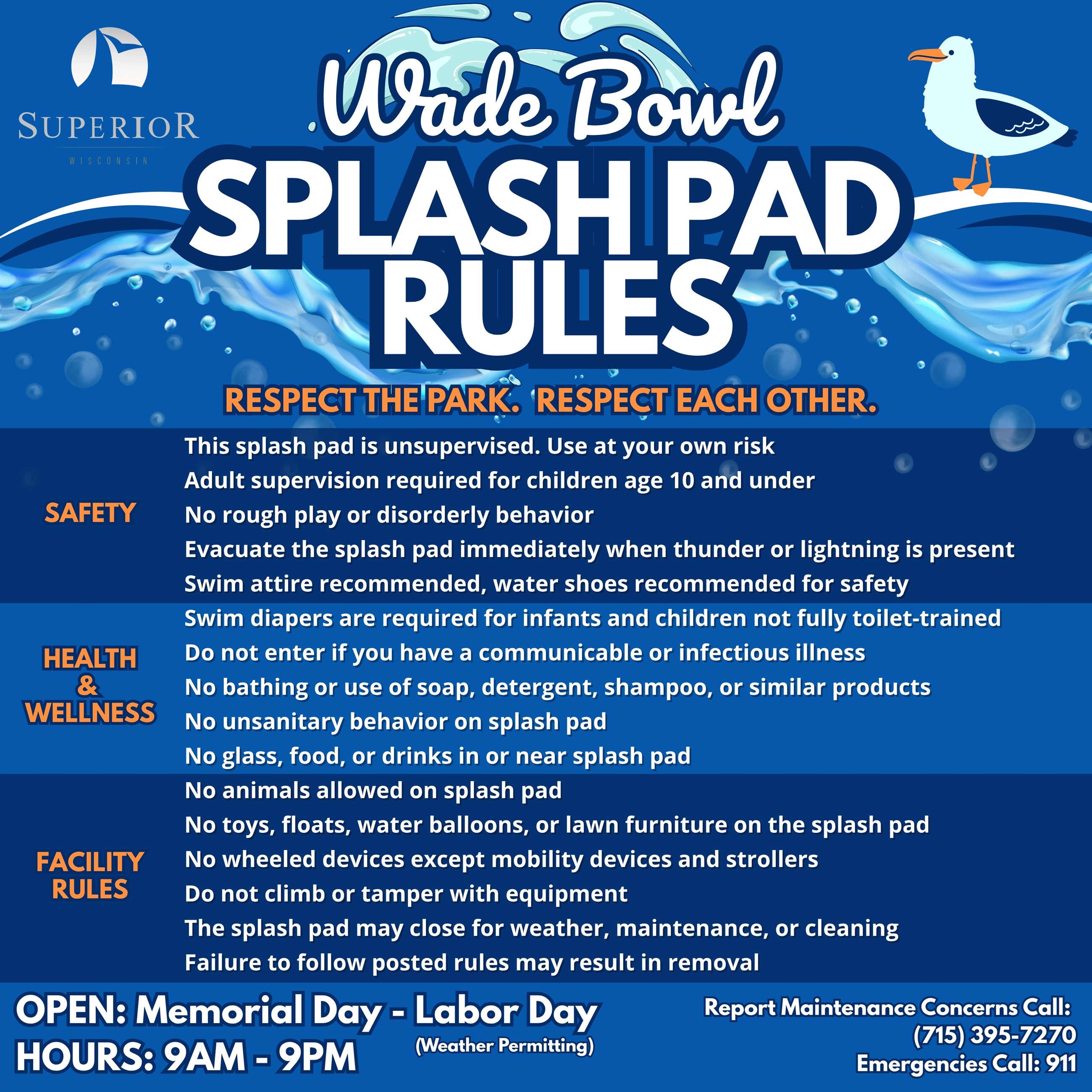 Rules sign posted for the splash pad at Wade Bowl Park.