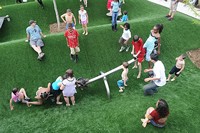 The Hollow play zone at Wasioto Park with water features.