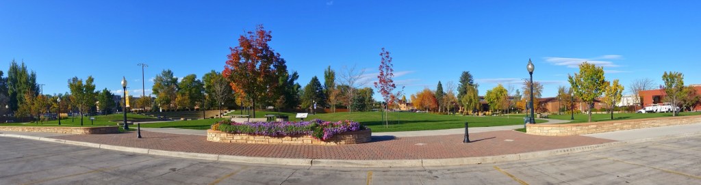 Panoramic view of Whitney Commons park grounds.